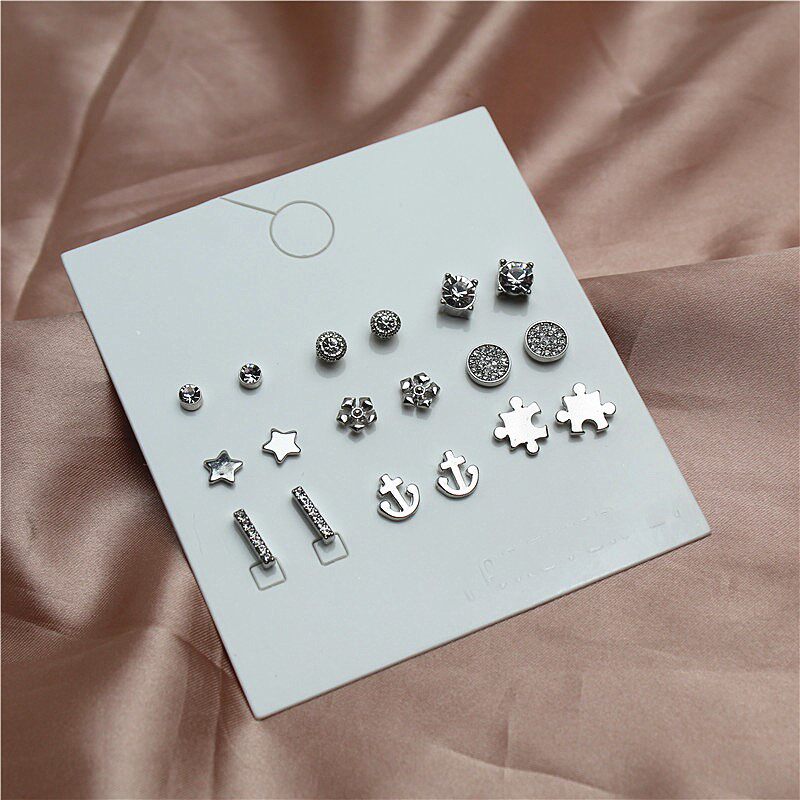 一卡九对组合套装耳钉白金色镶水钻简约大气日常款时尚女耳饰F-46