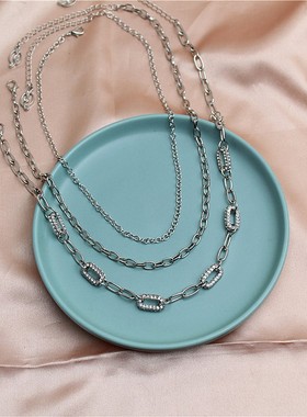 新款组合套装项链简约链环镶水钻潮流大气日常款个性男女款锁骨链