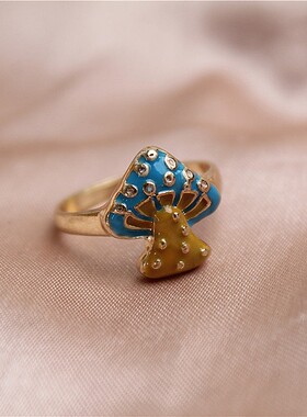 女金属镀金卡通滴釉蘑菇戒指指环