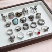 新款 指环朋克风指圈 复古银色做旧合金骷髅戒指男女小众设计个性