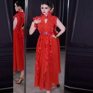 2026新款橘红色立领荷叶边压褶礼服长裙收腰大摆气质仙女连衣裙