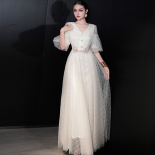 大码晚礼服宴会胖mm显瘦2025女高贵气质纱网绣花主持人演出长裙