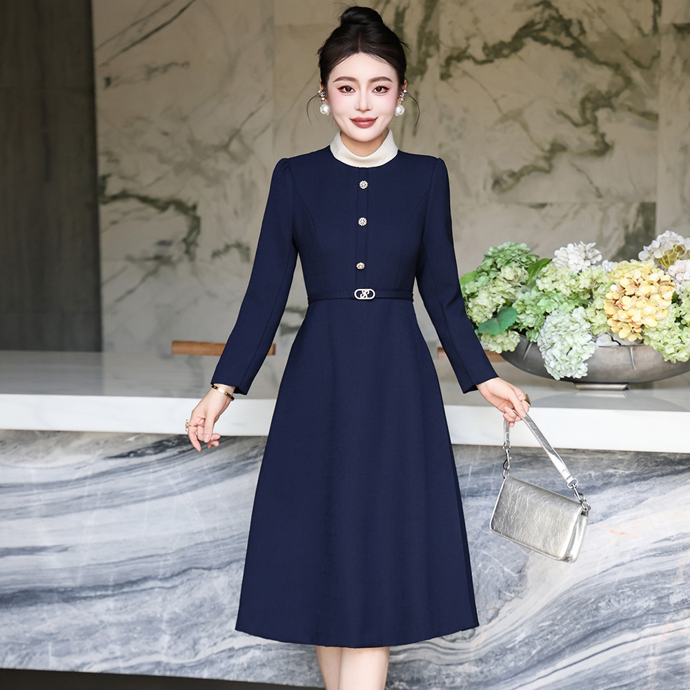 连衣裙新款女装秋冬2025小个子洋气长袖气质A字立领通勤制服大码