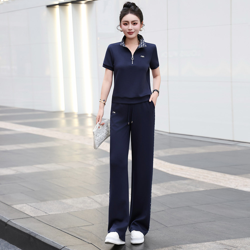 高级感休闲职业套装女春季短袖POLO领上衣松紧腰阔腿裤运动两件套