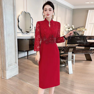 立领长袖酒红色婚宴礼服妈妈优雅气质蕾丝绣花镶钻连衣裙大码特价