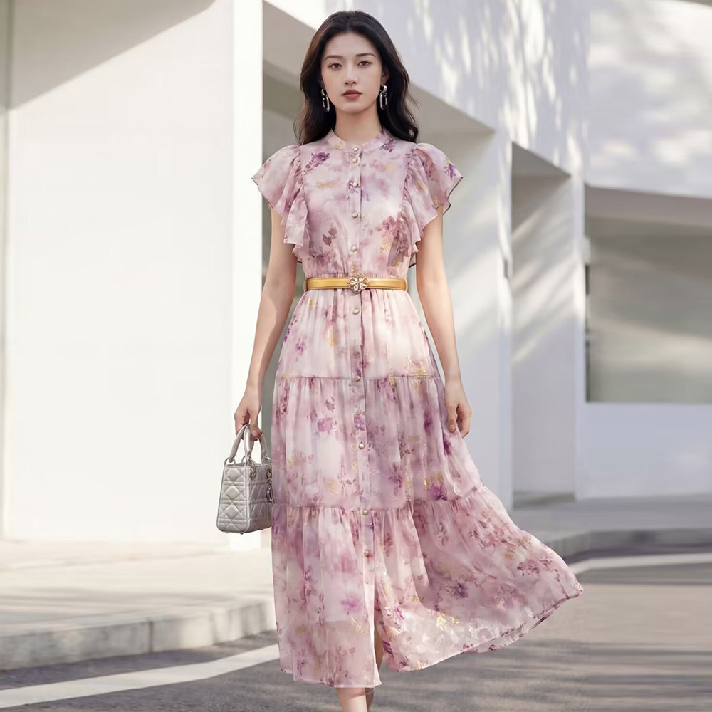 印花立领连衣裙显瘦优雅中长裙
