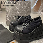 辣妹朋克鞋 女增高松糕底赛博y2k哥特小皮鞋 单鞋 真皮超厚底大头鞋