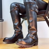 暗黑风复古机车靴男高筒骑士靴工程师皮靴长筒皮带扣粗跟套筒马靴