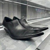 男女同款 女 尖头坡跟小众扁头单鞋 暗黑风翘头小皮鞋 软皮厚底女巫鞋