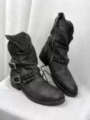 Dark Retro Belt Buckle Vintage Motorcycle Boots Men's and Women's Riding Boots Work Boots Martin Boots Lace-Up Western Cowboy Boots
