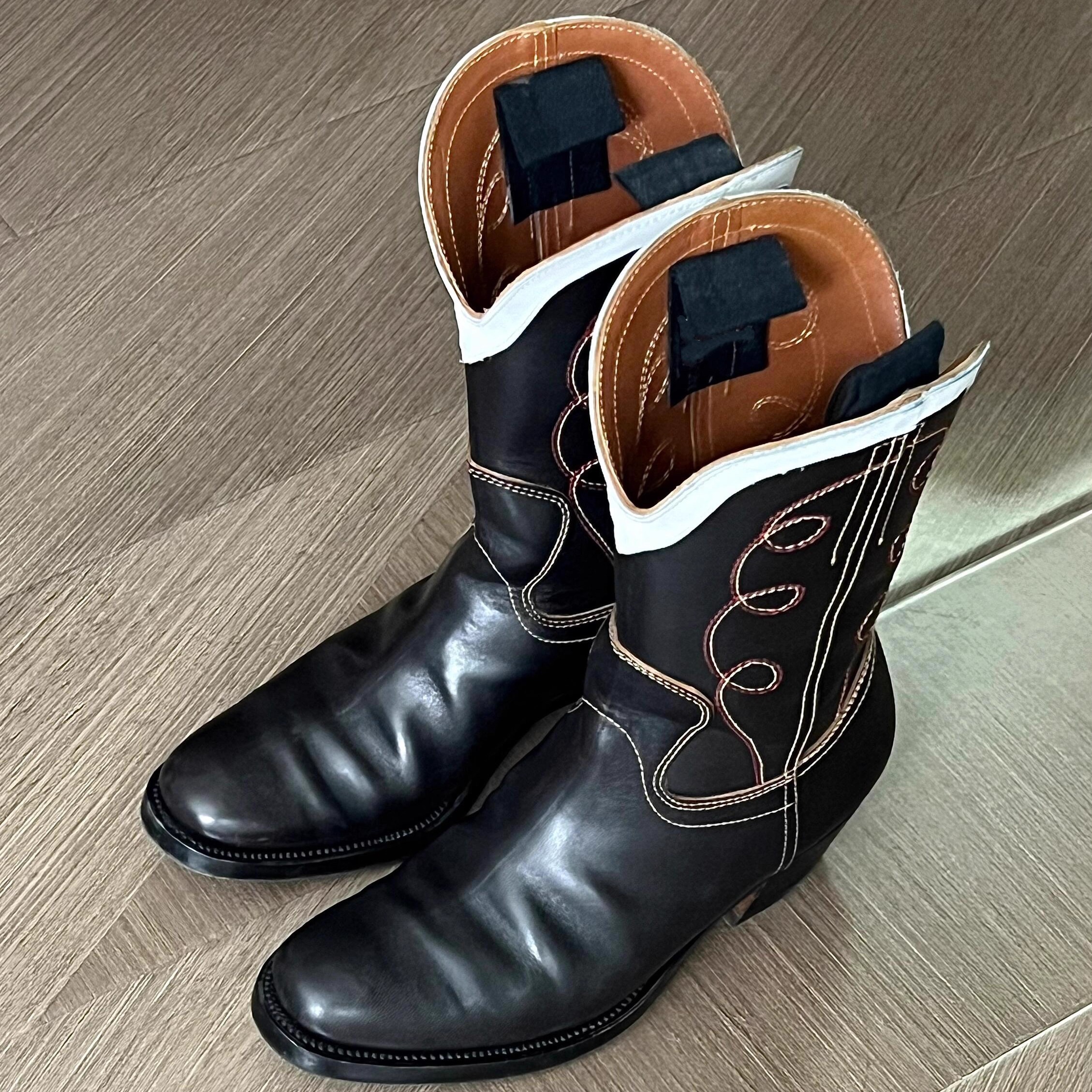 复古图腾刺绣西部牛仔靴男女款粗跟褶皱朋克机车靴暗黑套筒骑士靴