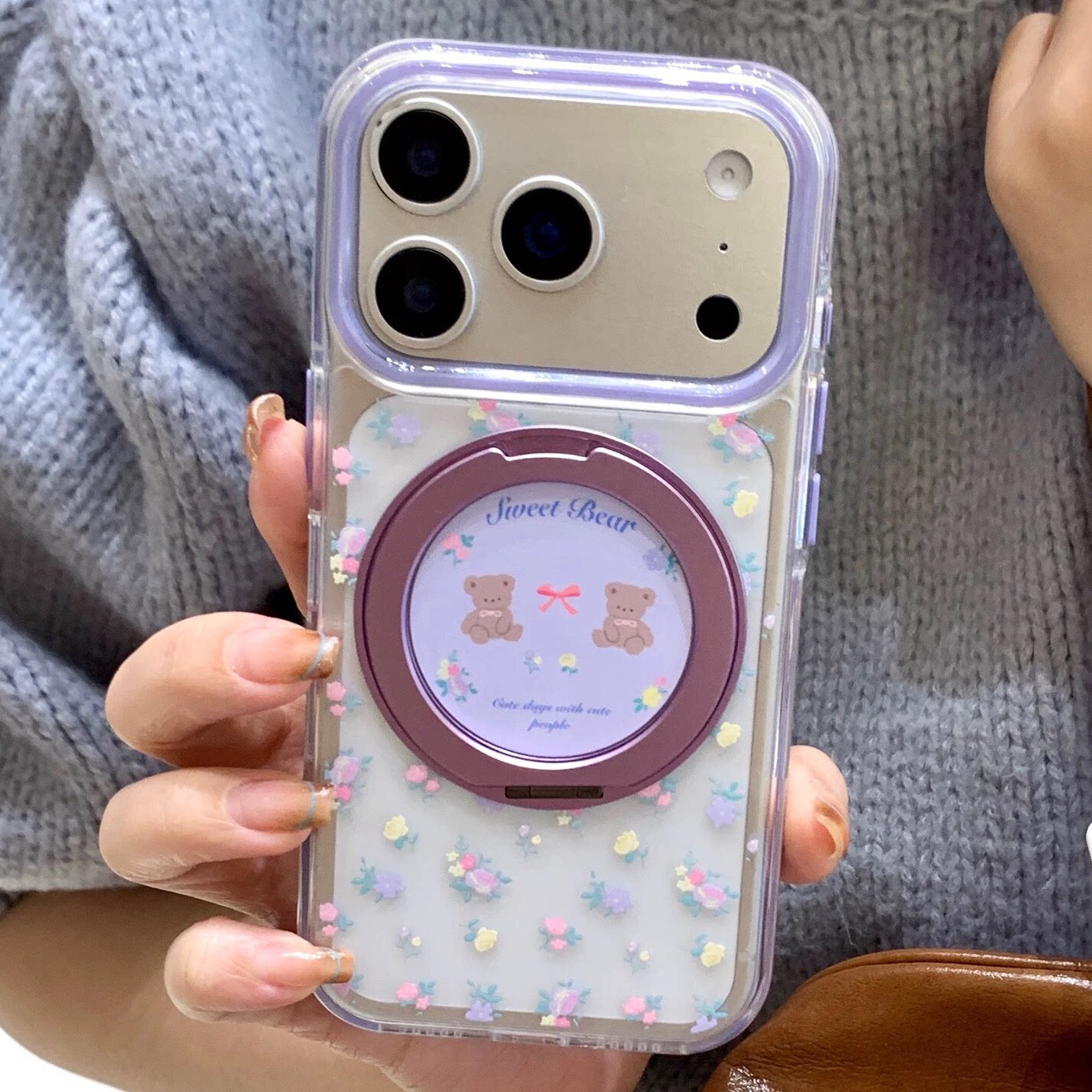 360°旋转折叠一体磁吸支架壳适用苹果17ProMax紫色碎花小熊手机壳iPhone16Pro可爱卡通13防摔15保护套14外壳