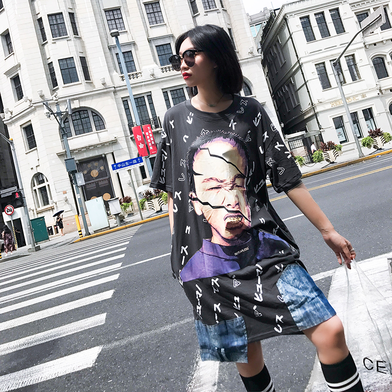 NANA日韩风夏季休闲时尚宽松中长款女装字母个性拼接牛仔连衣裙潮