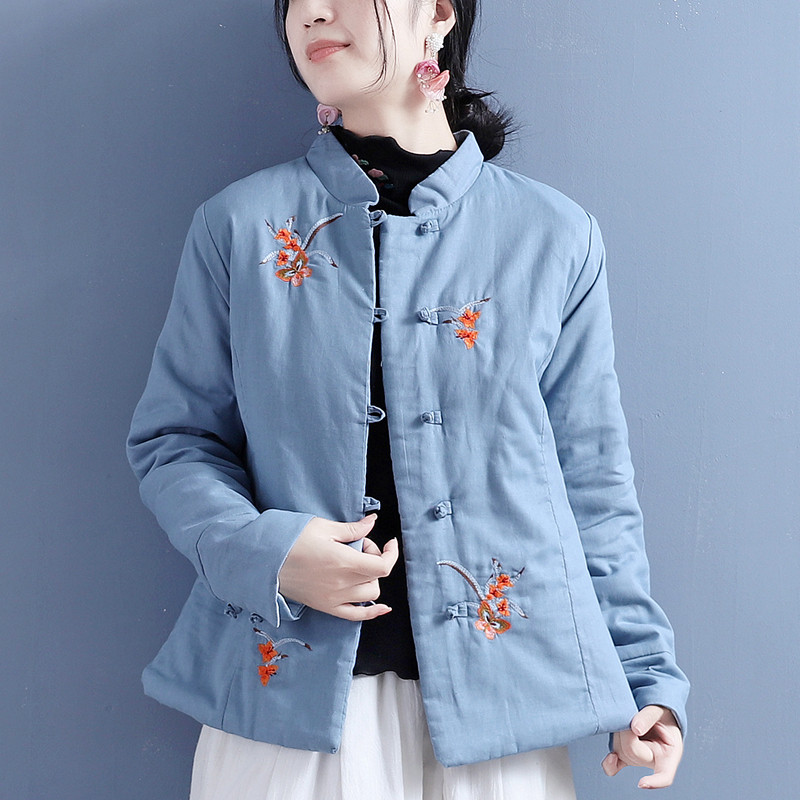 2022冬季新款棉麻袖口双盘扣立领绣花棉服女中国风复古夹棉厚棉袄