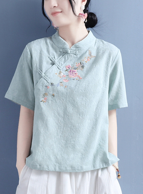 2022夏棉麻提花面料粉色花藤斜盘扣短袖上衣女中国风复古茶服衬衫