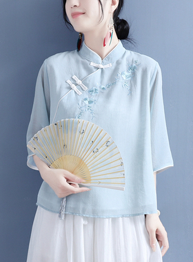 棉麻纱滚边斜襟盘扣绣花立领七分袖上衣女中国风复古休闲茶服衬衫