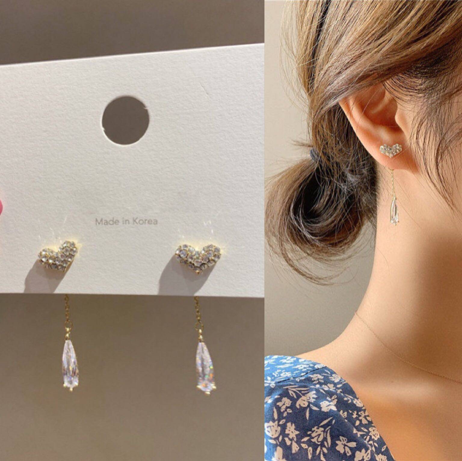 一款两戴耳钉气质微镶锆石水晶爱心耳环超仙女优雅长款流苏耳饰