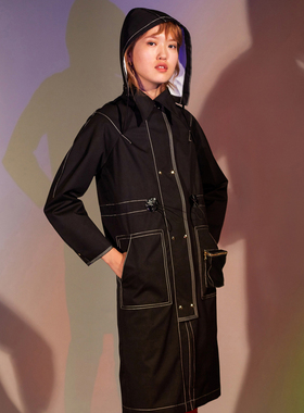GNAY独立设计师品牌纯羊毛精纺复合进口防水面料黑色廓形风衣