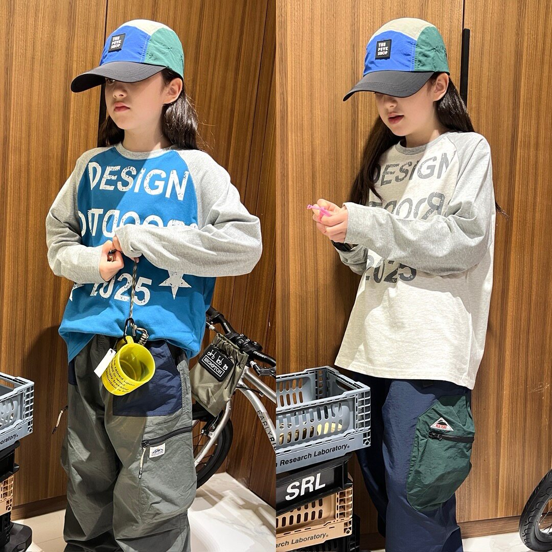 LANIKIKI 25秋新款 儿童做旧字母印花拼色长袖T恤男女童