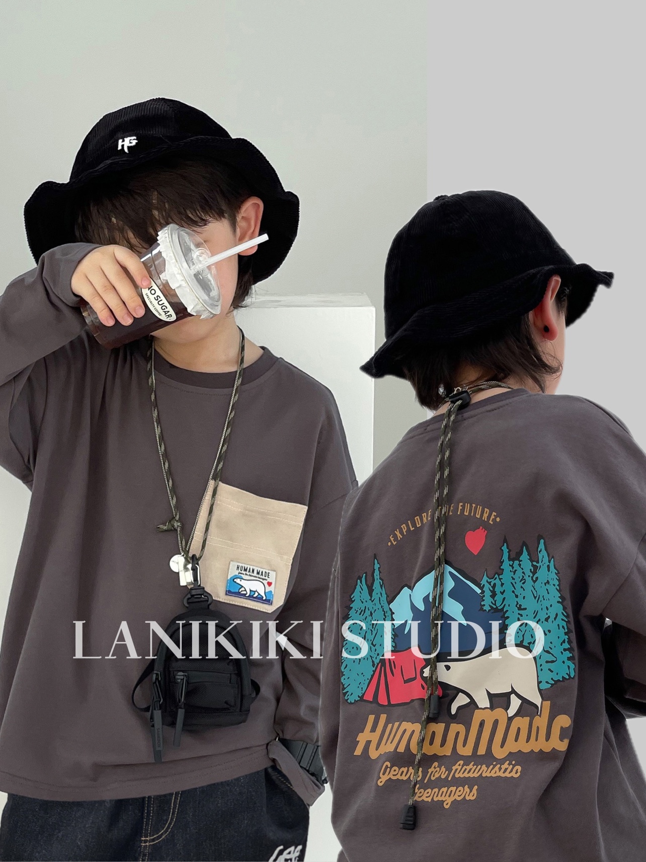 LANIKIKI 春秋新款 儿童可爱北极熊拼色口袋休闲长袖T恤