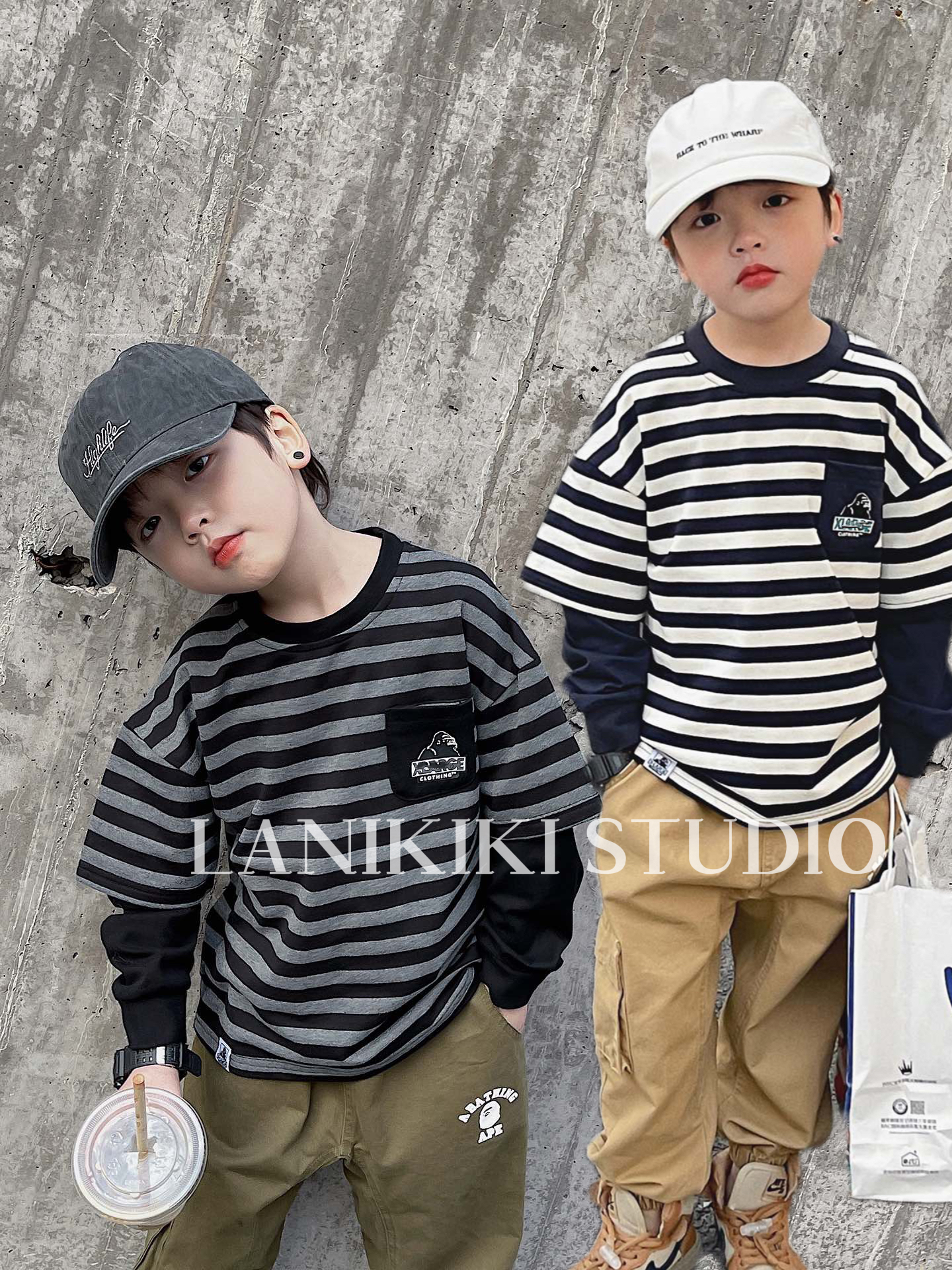 圆领日系风假两件长袖T恤