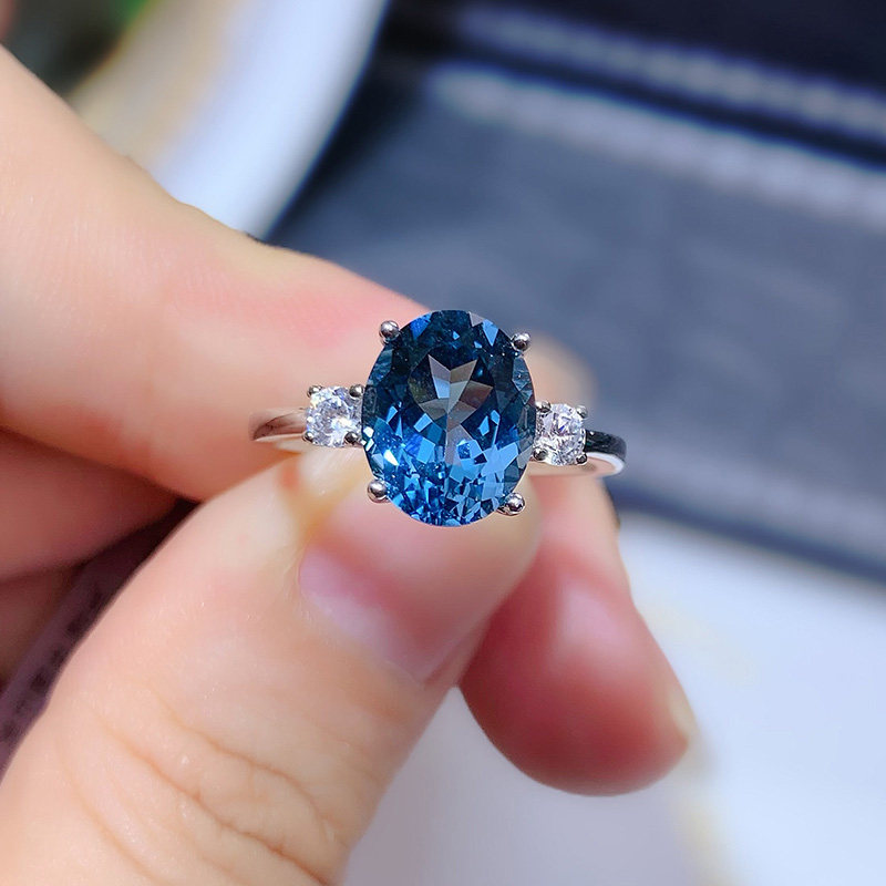 天然伦敦蓝托帕石戒指指环女开口时尚大气纯银镀白金镶嵌原创设计