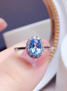 天然蓝色宝石托帕石戒指女