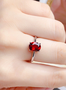 纯银天然酒红石榴石戒指女开口戒可调节红色宝石精致简约时尚轻奢