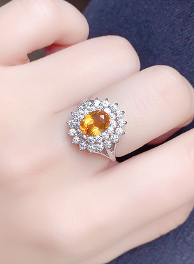 925纯银镶嵌天然黄水晶戴妃戒女