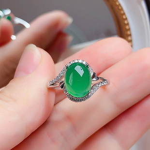925纯银镶嵌天然帝王绿绿玉髓戒指开口戒简约精致银戒指女绿玛瑙