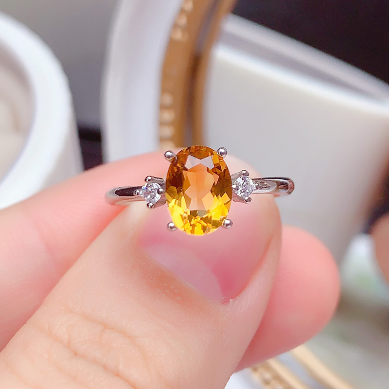 纯银镶嵌天然净体黄水晶戒指开口戒时尚精致百搭黄色宝石轻奢