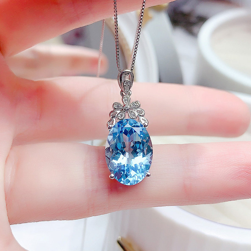 天然托帕石吊坠项链女可调节925纯银镶嵌全净体蓝色宝石百搭时尚