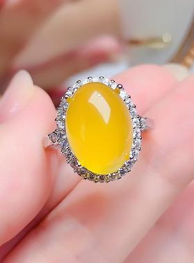 纯银镶嵌天然黄玉髓开口戒指女
