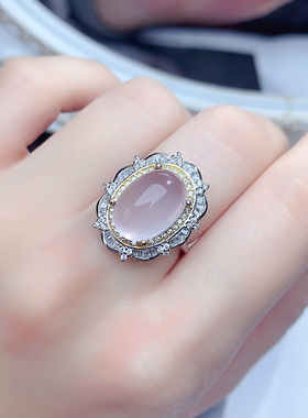 天然粉水晶925纯银镶食指戒开口