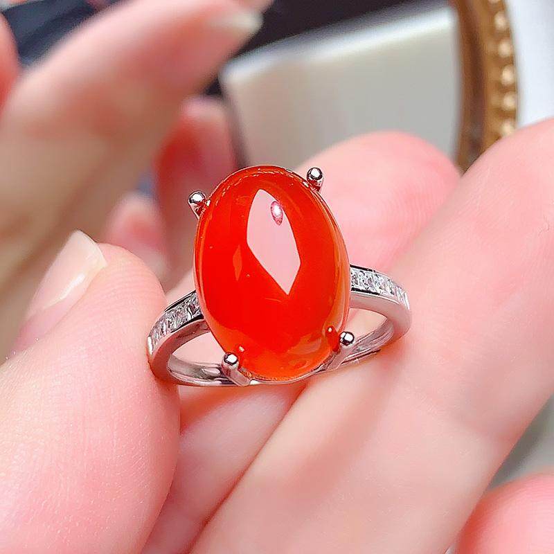 纯银镶嵌天然红玉髓戒指开口戒女大颗粒鸽子蛋食指戒简约精致时尚