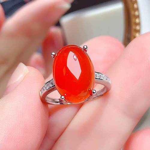 纯银镶嵌天然红玉髓戒指开口戒女大颗粒鸽子蛋食指戒简约精致时尚