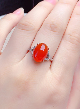 纯银镶嵌天然红玉髓戒指开口戒