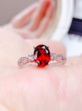 纯银镶嵌天然石榴石戒指女开口戒