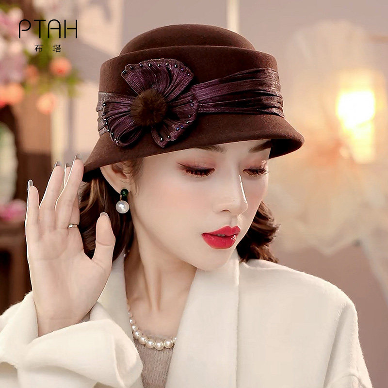 布塔羊毛小礼帽女士秋冬新款羊毛呢蓓蕾帽高级感显脸小帽子PT1401