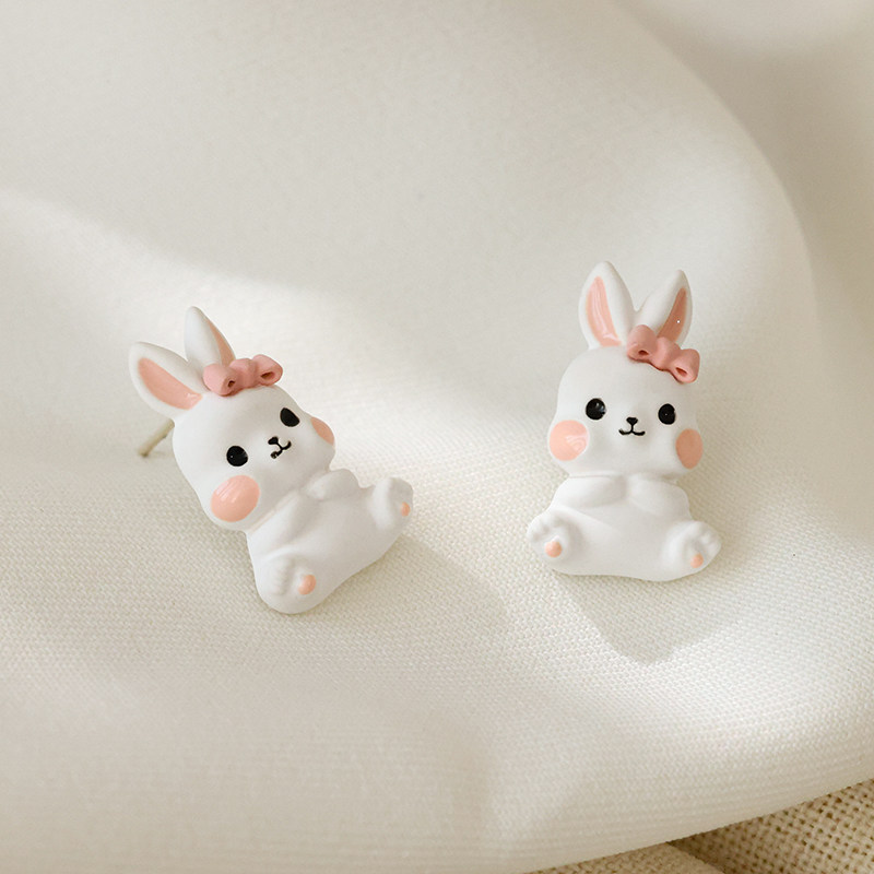 百搭小兔子耳钉可爱甜美糖果色耳环小众独特s925纯银针耳饰女秋冬