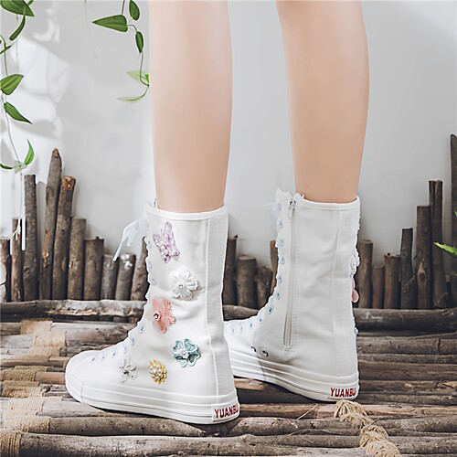 高邦春季花朵中筒靴子蕾丝板鞋白