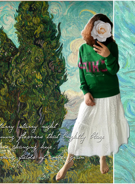 欧美字母涂鸦印花森林绿全棉中性圆领套头街头古着感长袖T恤卫衣