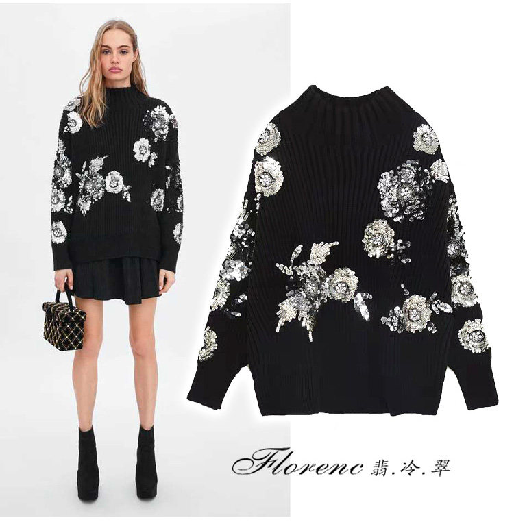 欧美黑色银亮片花朵微瑕oversize廓形套头蝙蝠袖加厚女毛衣针织衫