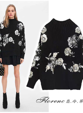 欧美黑色银亮片花朵微瑕oversize廓形套头蝙蝠袖加厚女毛衣针织衫