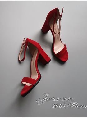 欧美女士正红色里外羊皮绒面时装包跟高跟露趾一字扣带凉鞋8cm