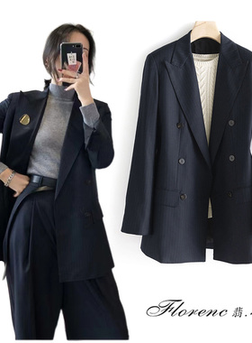 薄款精英范藏蓝色暗条纹双排扣精纺羊毛修身篙精尖质感高档女西装