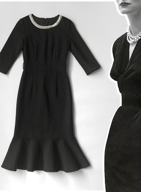复古经典小黑裙钻饰圆领七分袖收腰荷叶边鱼尾黑色修身女士连衣裙