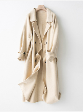 特惠浅米黄色隐约条纹落肩西装领大气版长款羊毛兔绒双面呢女大衣