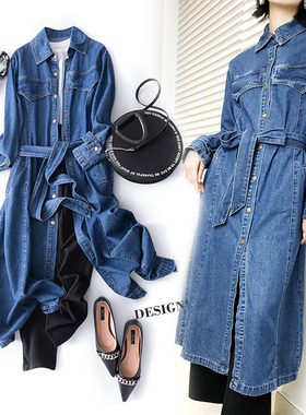 牛仔水洗蓝棉单排扣长袖系带加长款风衣外套衬衫街头连衣裙