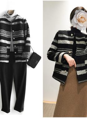 经典百搭黑白灰横条纹小香风羊毛粗花呢圆领长袖直筒短女外套开衫
